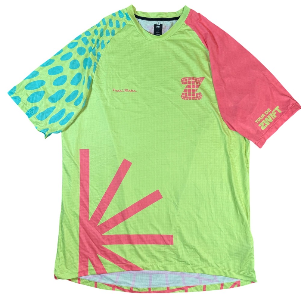 Pedal Mafia Tour de Zwift Tourer Jersey Mens Large Neon Green Cycling Shirt RARE